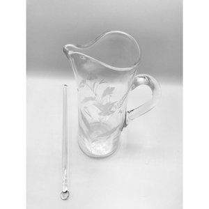 Vintage etched floral and butterflies hand blown cocktail pitcher with mixer.